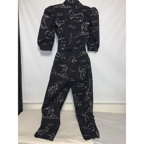 LHD Black Women’s Sz 8 All Over Ladies Figure Graphic Print Puff Sleeve Jumpsuit - Picture 3 of 8